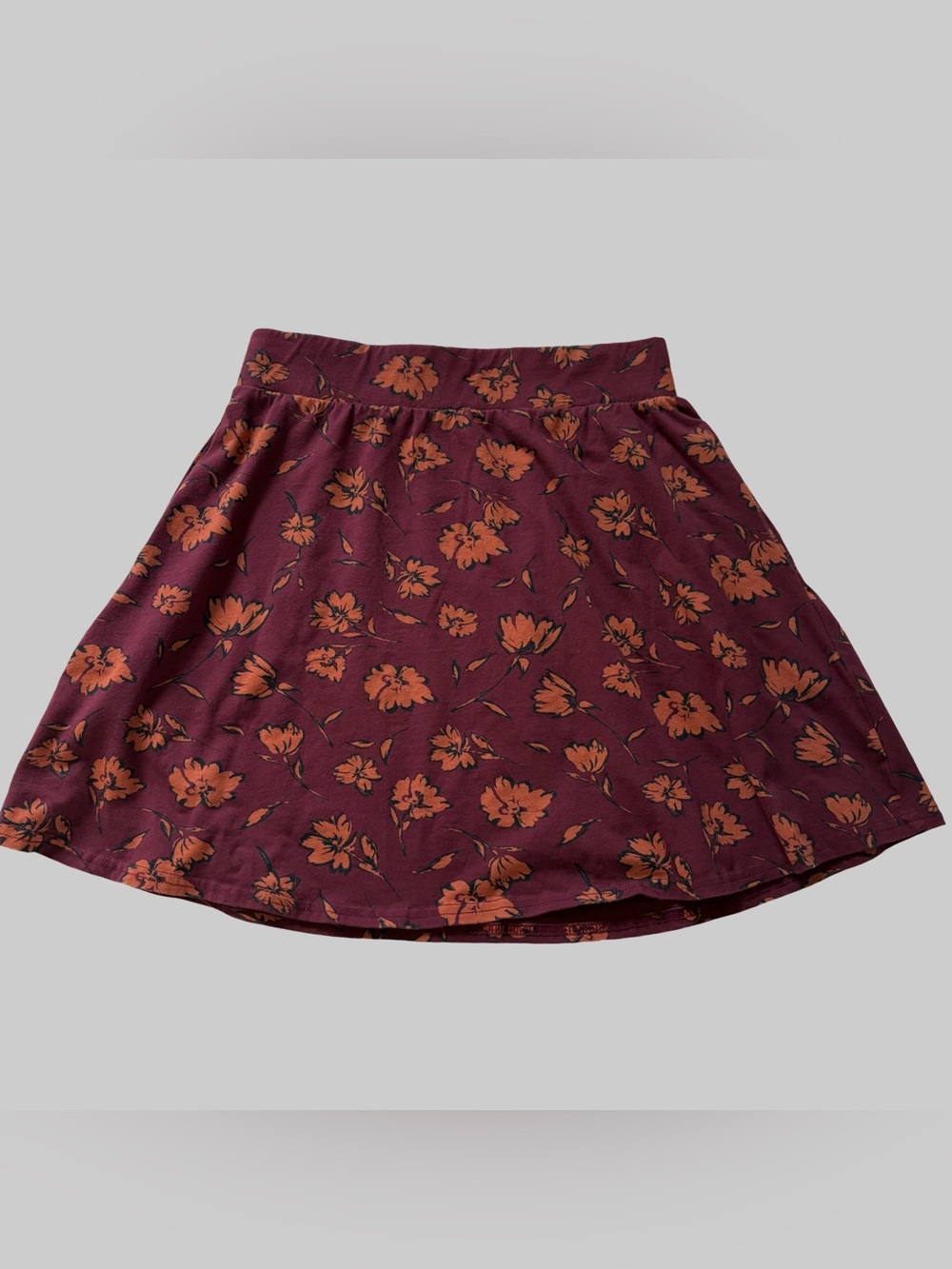 PACT A-Line Mini Skirt Maroon Orange Floral Organic Cotton Pockets